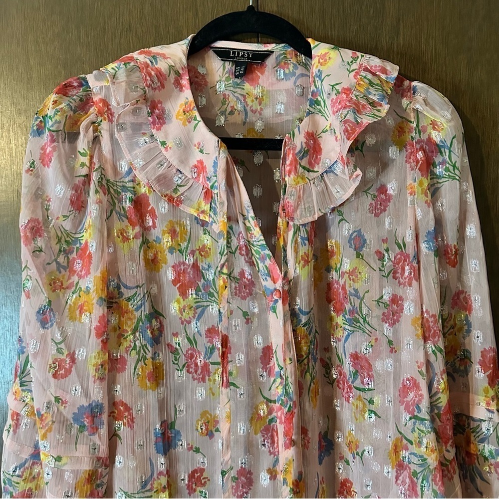 Lipsy Button-Front Multicolour Metallic Floral Top Boho Cottagecore Size 10 - Picture 5 of 14